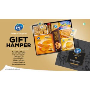 Induben Khakhrawala Gift Hamper: Pure Ghee Magas, Dry Fruit Kachori, Nadiyadi Mix, Jeera Bhakhri, Khakhra Shots, Masala Khakhra, Tal Gotli Mukhwas